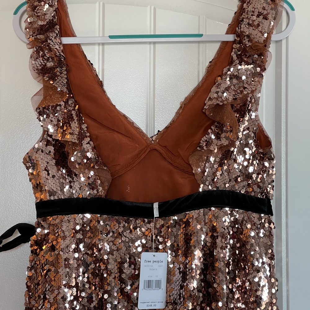 Free People Rose Gold Sequin Formal Evening Holiday Party Dress, Sz 12 - Picture 10 of 15